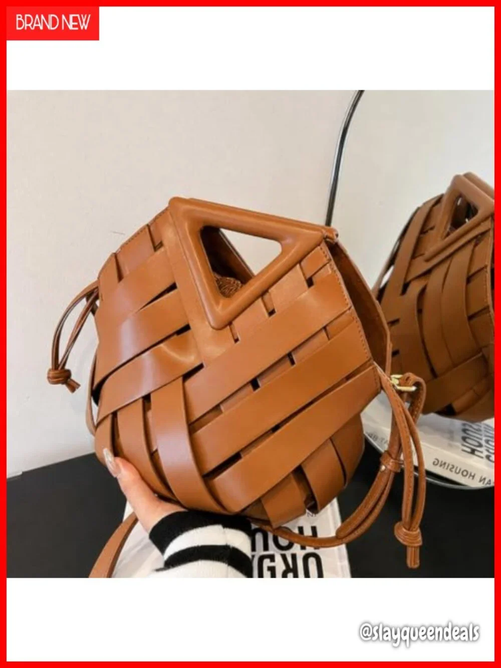Woven Vegan Leather Bucket Bag Crossbody Adjustable Strap